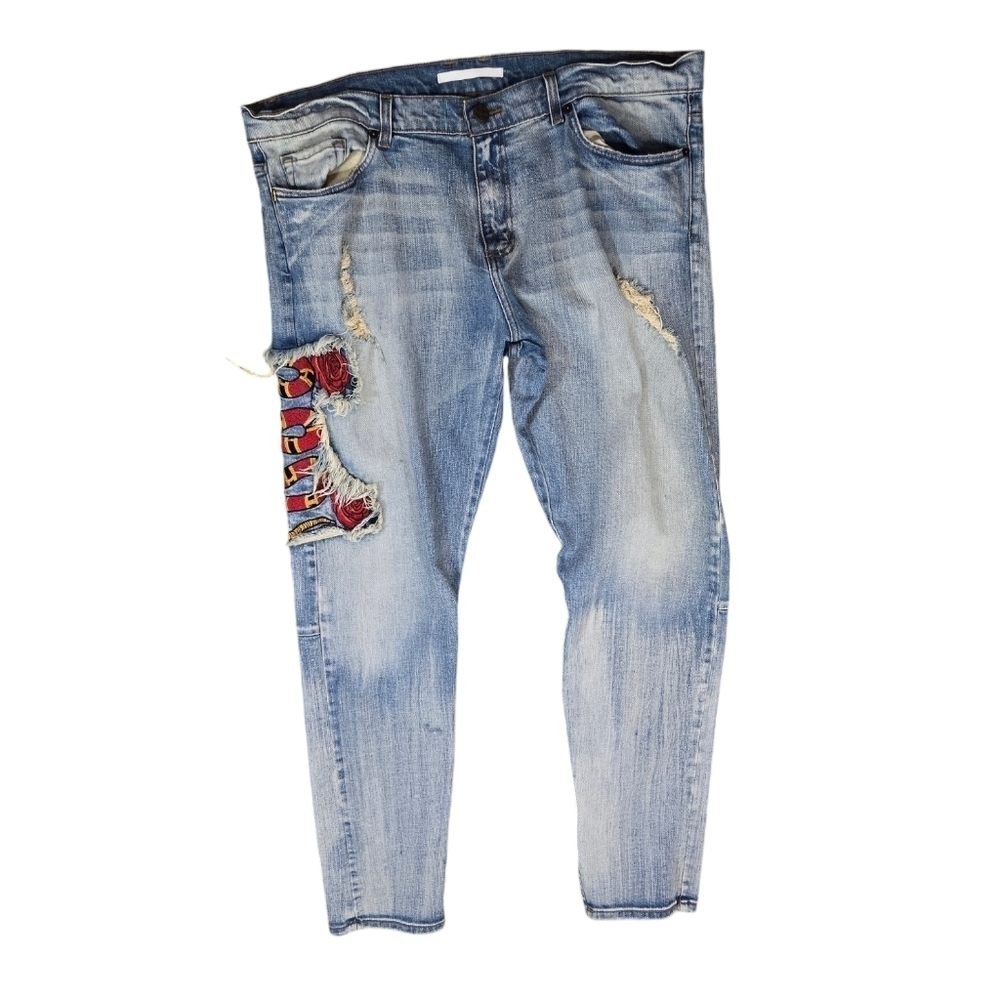Golden distressed snake roses embroidered mens jeans